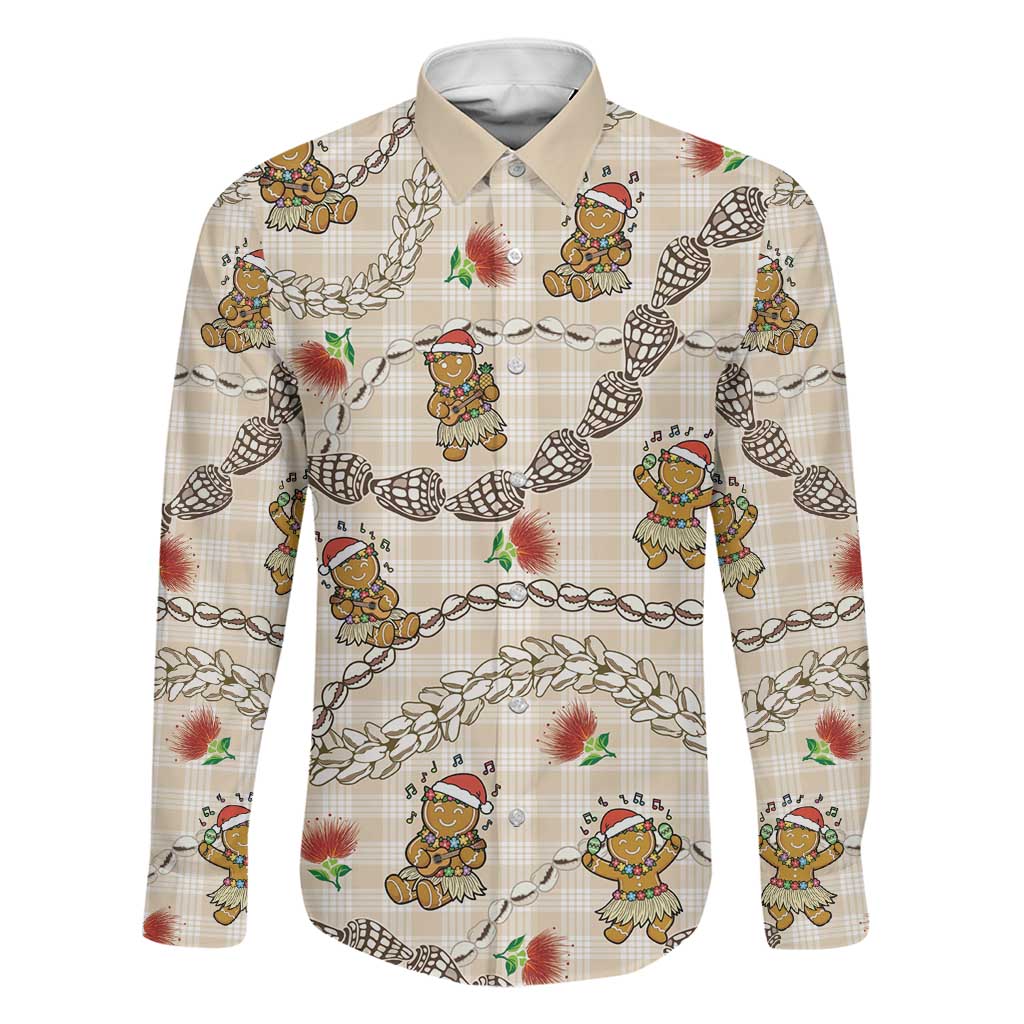 Beige Palaka Hawaii Mele Kalikimaka Family Matching Summer Maxi Dress and Hawaiian Shirt Ohia Lehua Shell Leis Funny Gingerbread Santa LT14 Dad's Shirt - Long Sleeve Beige - Polynesian Pride