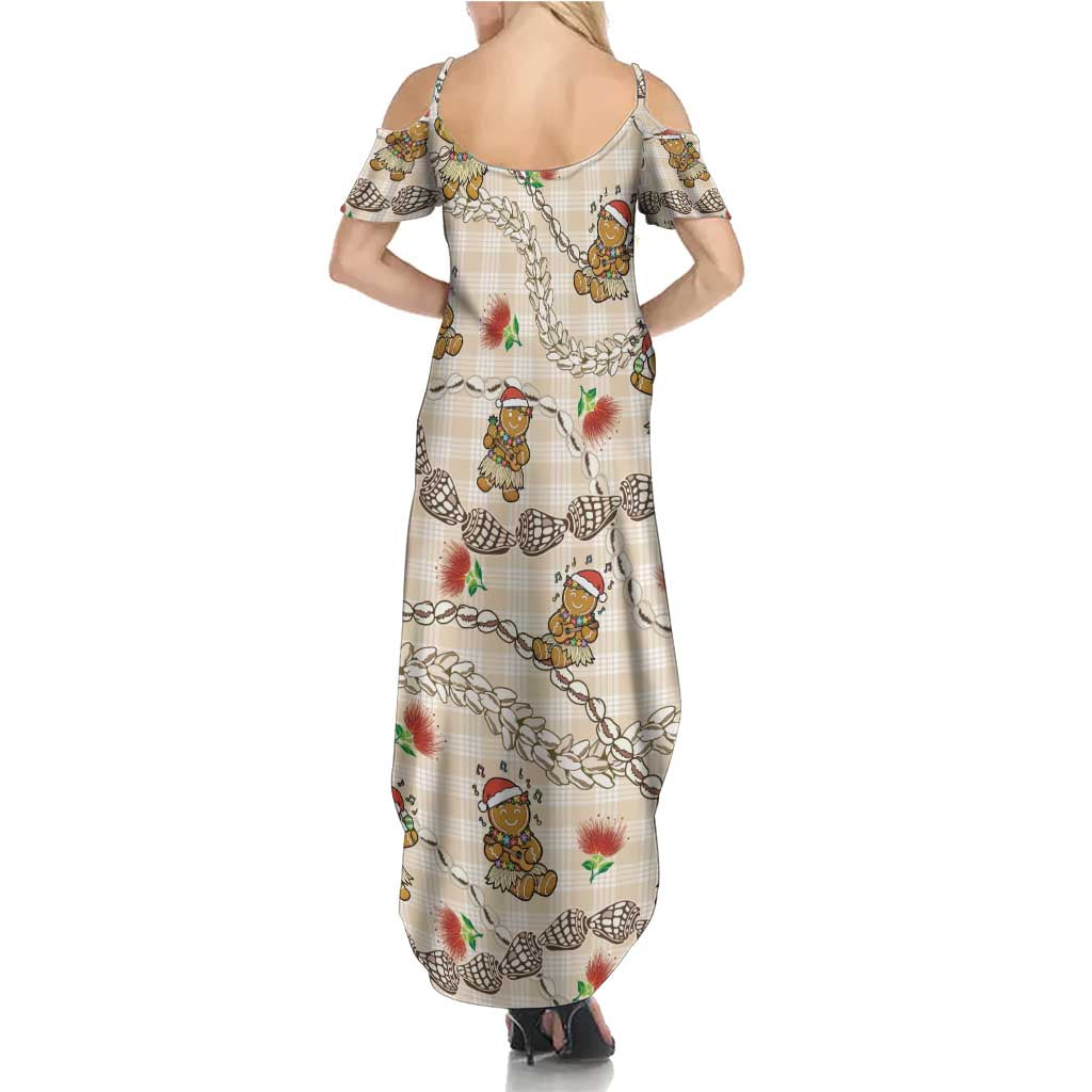 Beige Palaka Hawaii Mele Kalikimaka Family Matching Summer Maxi Dress and Hawaiian Shirt Ohia Lehua Shell Leis Funny Gingerbread Santa LT14 - Polynesian Pride