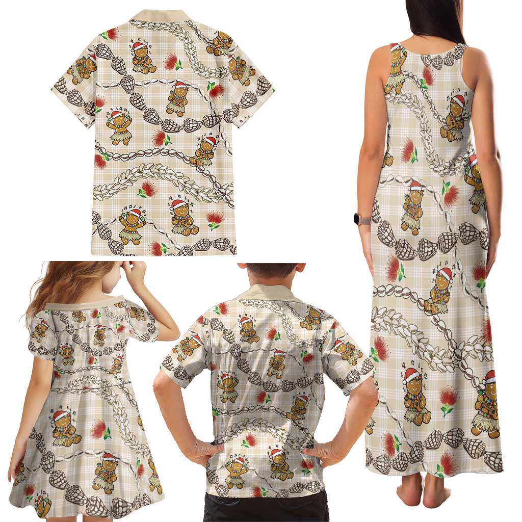 Beige Palaka Hawaii Mele Kalikimaka Family Matching Tank Maxi Dress and Hawaiian Shirt Ohia Lehua Shell Leis Funny Gingerbread Santa LT14 - Polynesian Pride