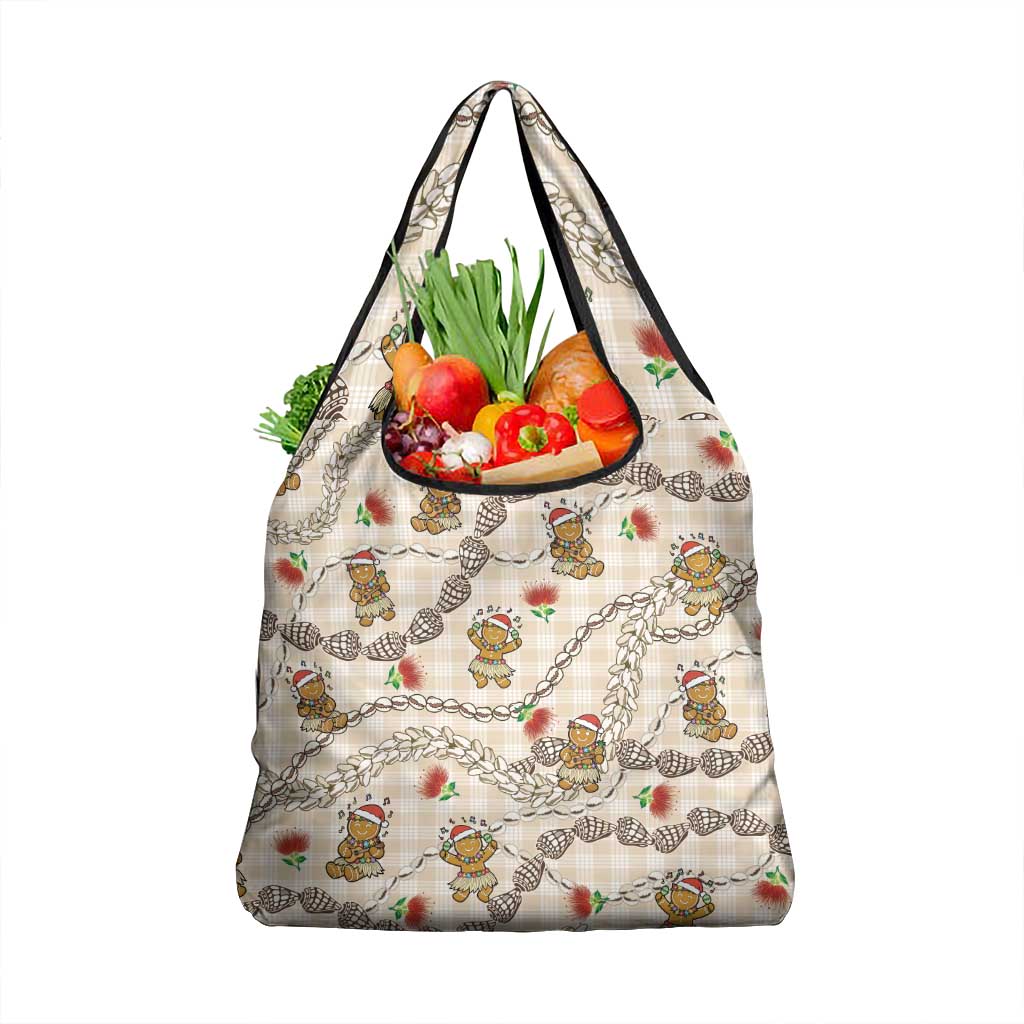 Beige Palaka Hawaii Mele Kalikimaka Grocery Bag Ohia Lehua Shell Leis Funny Gingerbread Santa - Polynesian Pride