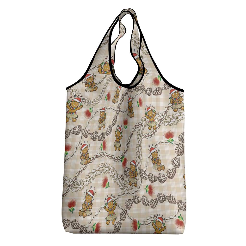 Beige Palaka Hawaii Mele Kalikimaka Grocery Bag Ohia Lehua Shell Leis Funny Gingerbread Santa - Polynesian Pride
