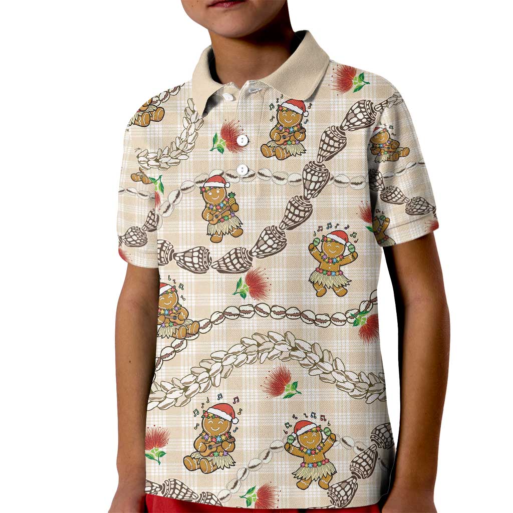 Beige Palaka Hawaii Mele Kalikimaka Kid Polo Shirt Ohia Lehua Shell Leis Funny Gingerbread Santa - Polynesian Pride