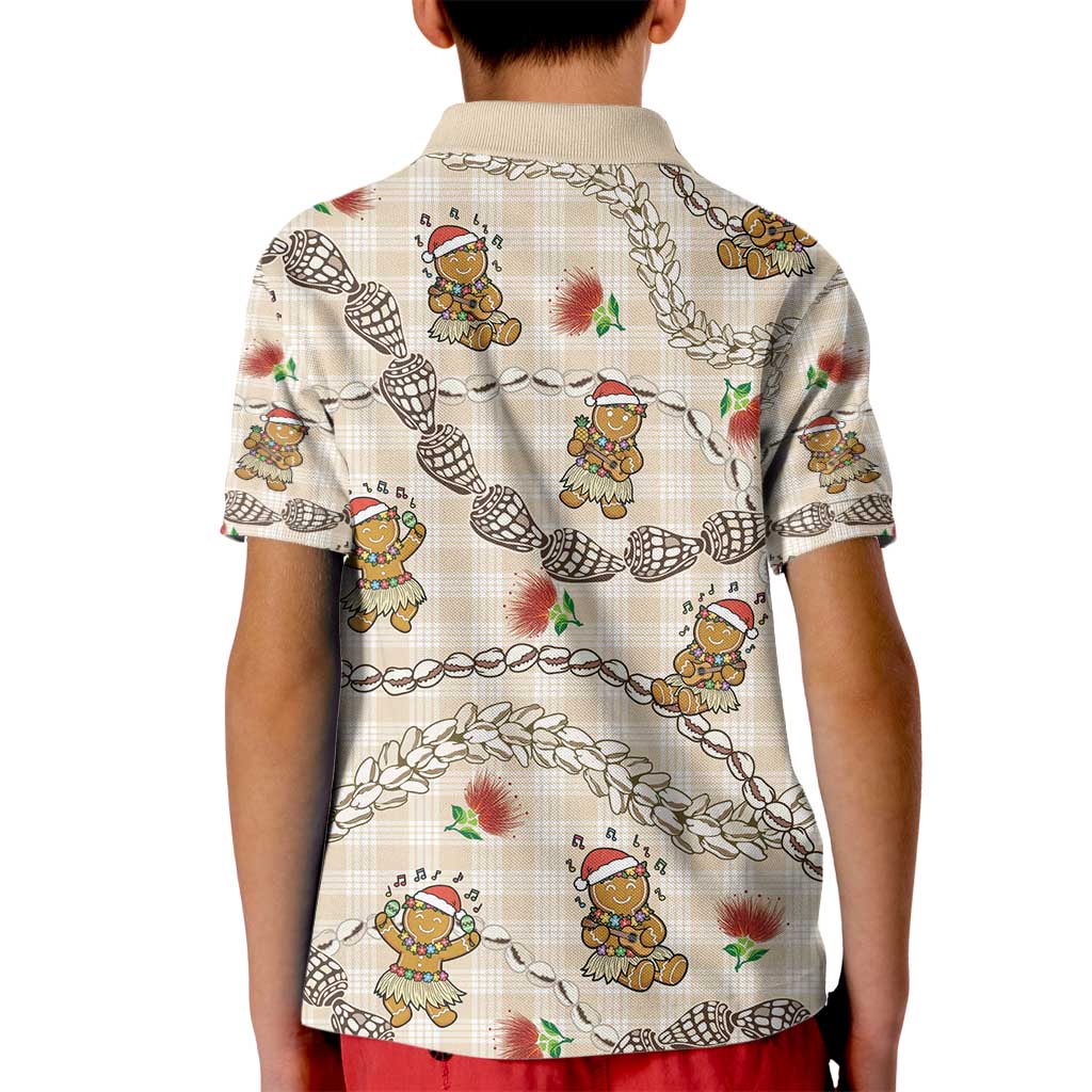 Beige Palaka Hawaii Mele Kalikimaka Kid Polo Shirt Ohia Lehua Shell Leis Funny Gingerbread Santa - Polynesian Pride