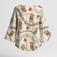 Beige Palaka Hawaii Mele Kalikimaka Kimono Sleeve Blouse Ohia Lehua Shell Leis Funny Gingerbread Santa - Polynesian Pride