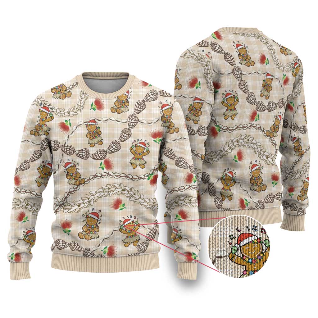 Beige Palaka Hawaii Mele Kalikimaka Ugly Christmas Sweater Ohia Lehua Shell Leis Funny Gingerbread Santa - Polynesian Pride