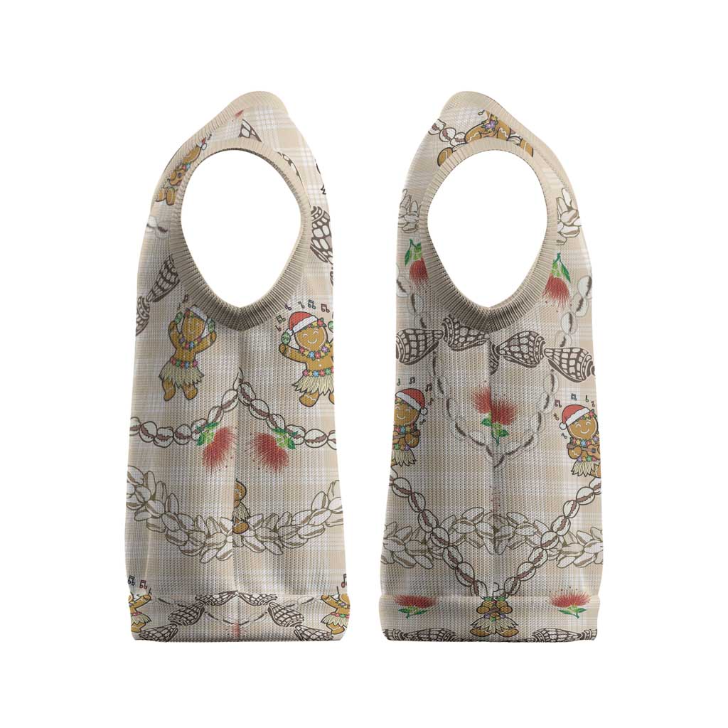 Beige Palaka Hawaii Mele Kalikimaka Christmas Knitted V-Neck Vest Ohia Lehua Shell Leis Funny Gingerbread Santa - Polynesian Pride