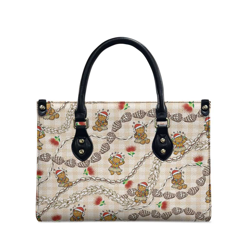 Beige Palaka Hawaii Mele Kalikimaka Leather Bag Ohia Lehua Shell Leis Funny Gingerbread Santa - Polynesian Pride