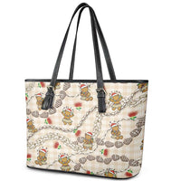 Beige Palaka Hawaii Mele Kalikimaka Leather Tote Bag Ohia Lehua Shell Leis Funny Gingerbread Santa - Polynesian Pride