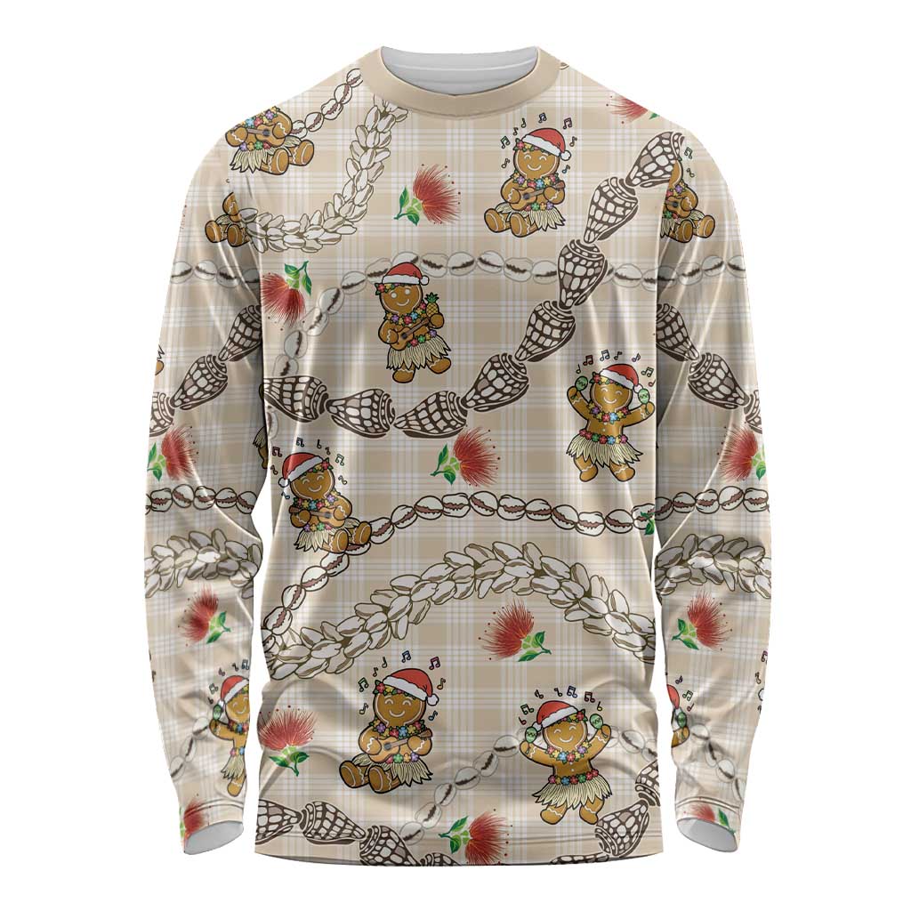 Beige Palaka Hawaii Mele Kalikimaka Long Sleeve Shirt Ohia Lehua Shell Leis Funny Gingerbread Santa - Polynesian Pride