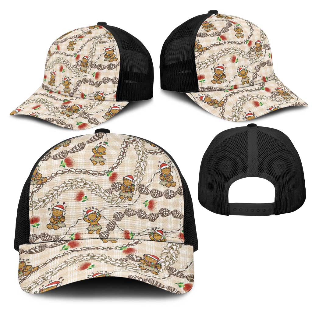 Beige Palaka Hawaii Mele Kalikimaka Mesh Trucker Cap Ohia Lehua Shell Leis Funny Gingerbread Santa - Polynesian Pride