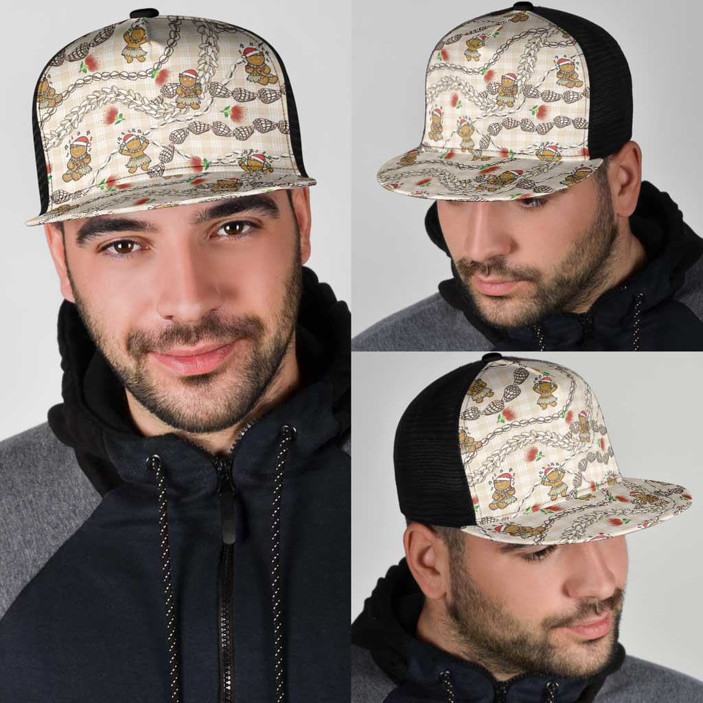 Beige Palaka Hawaii Mele Kalikimaka Mesh Trucker Cap Ohia Lehua Shell Leis Funny Gingerbread Santa - Polynesian Pride