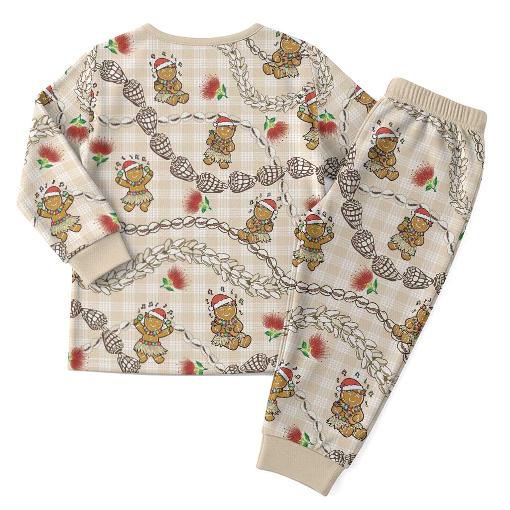 Beige Palaka Hawaii Mele Kalikimaka Christmas Pajama Set Ohia Lehua Shell Leis Funny Gingerbread Santa - Polynesian Pride