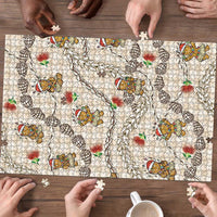 Beige Palaka Hawaii Mele Kalikimaka Puzzle Ohia Lehua Shell Leis Funny Gingerbread Santa - Polynesian Pride