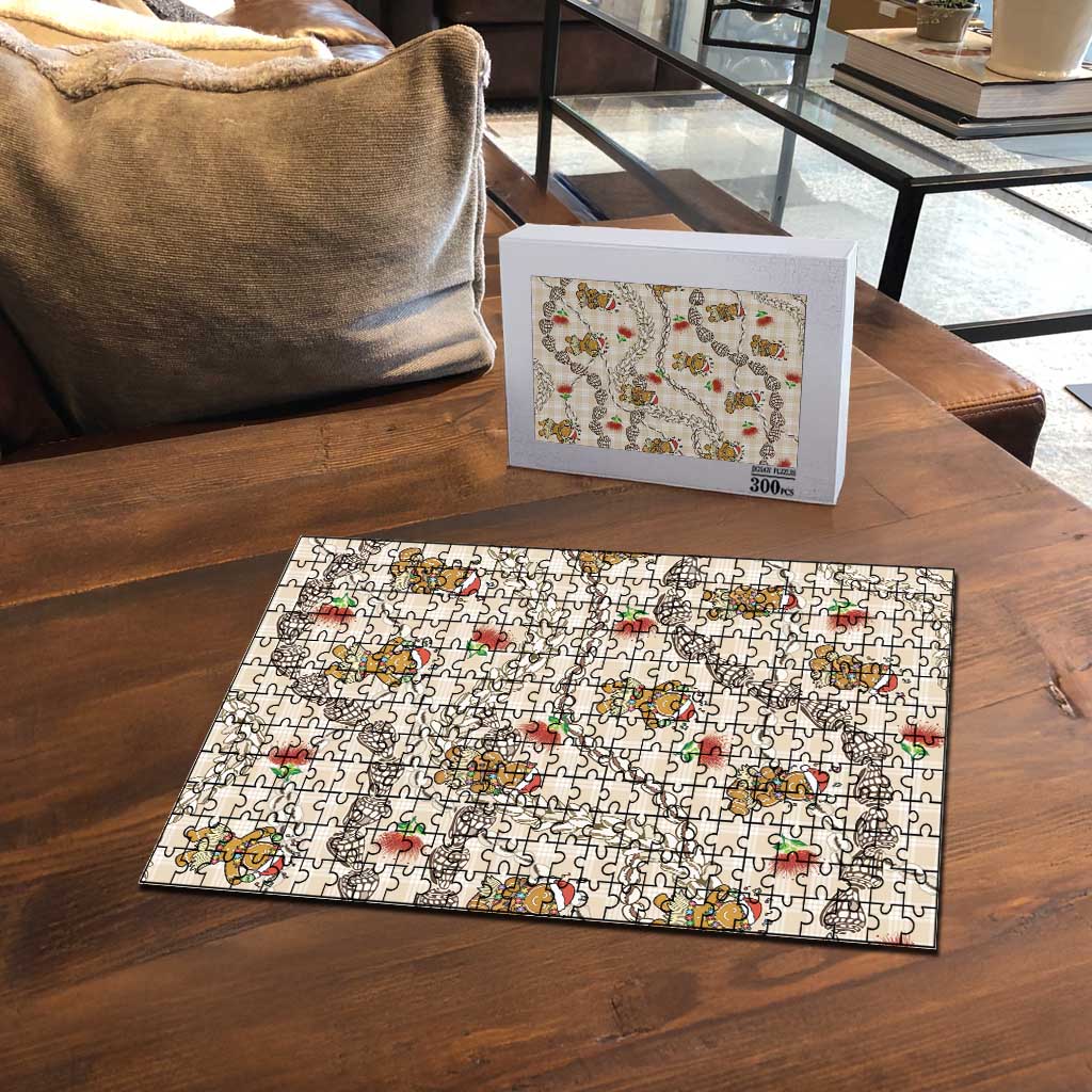 Beige Palaka Hawaii Mele Kalikimaka Puzzle Ohia Lehua Shell Leis Funny Gingerbread Santa - Polynesian Pride