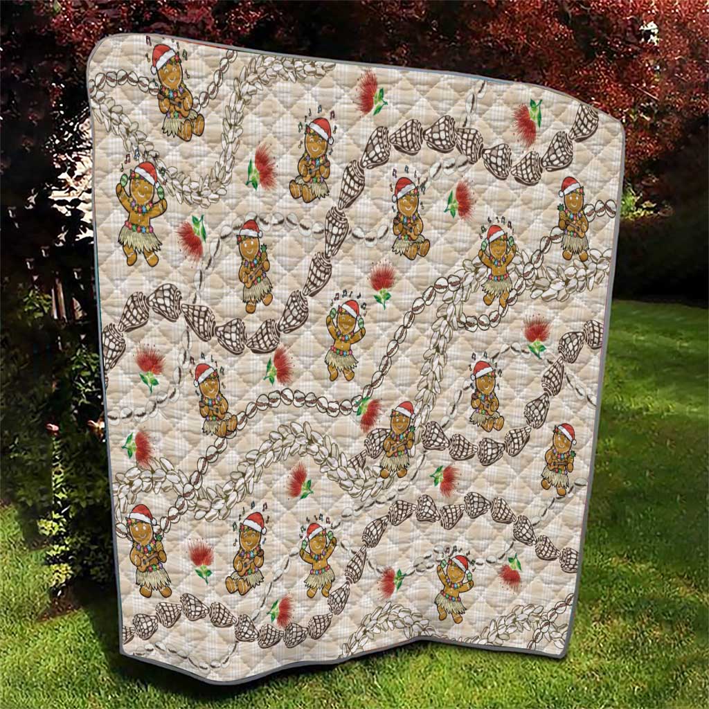 Beige Palaka Hawaii Mele Kalikimaka Quilt Ohia Lehua Shell Leis Funny Gingerbread Santa - Polynesian Pride