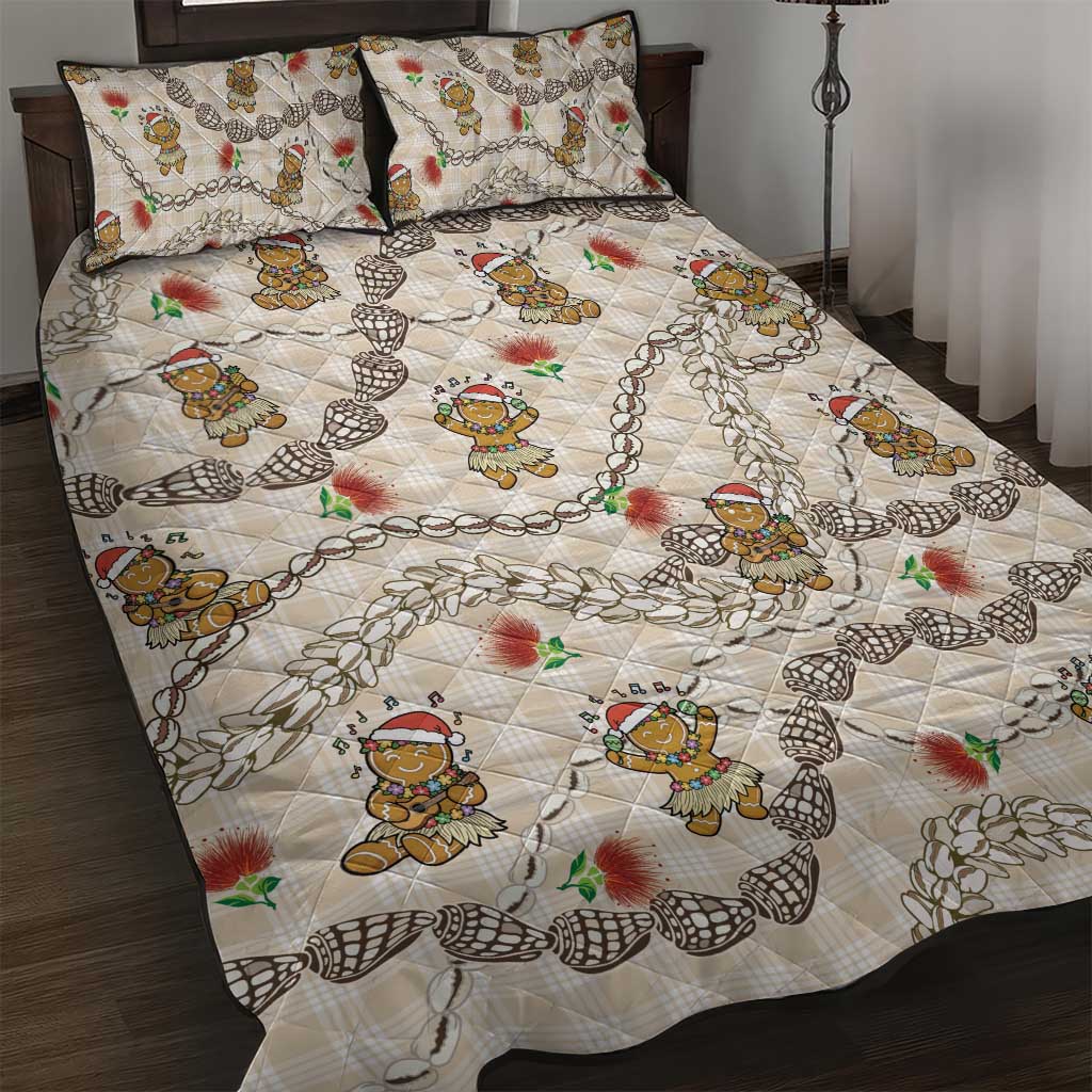 Beige Palaka Hawaii Mele Kalikimaka Quilt Bed Set Ohia Lehua Shell Leis Funny Gingerbread Santa - Polynesian Pride
