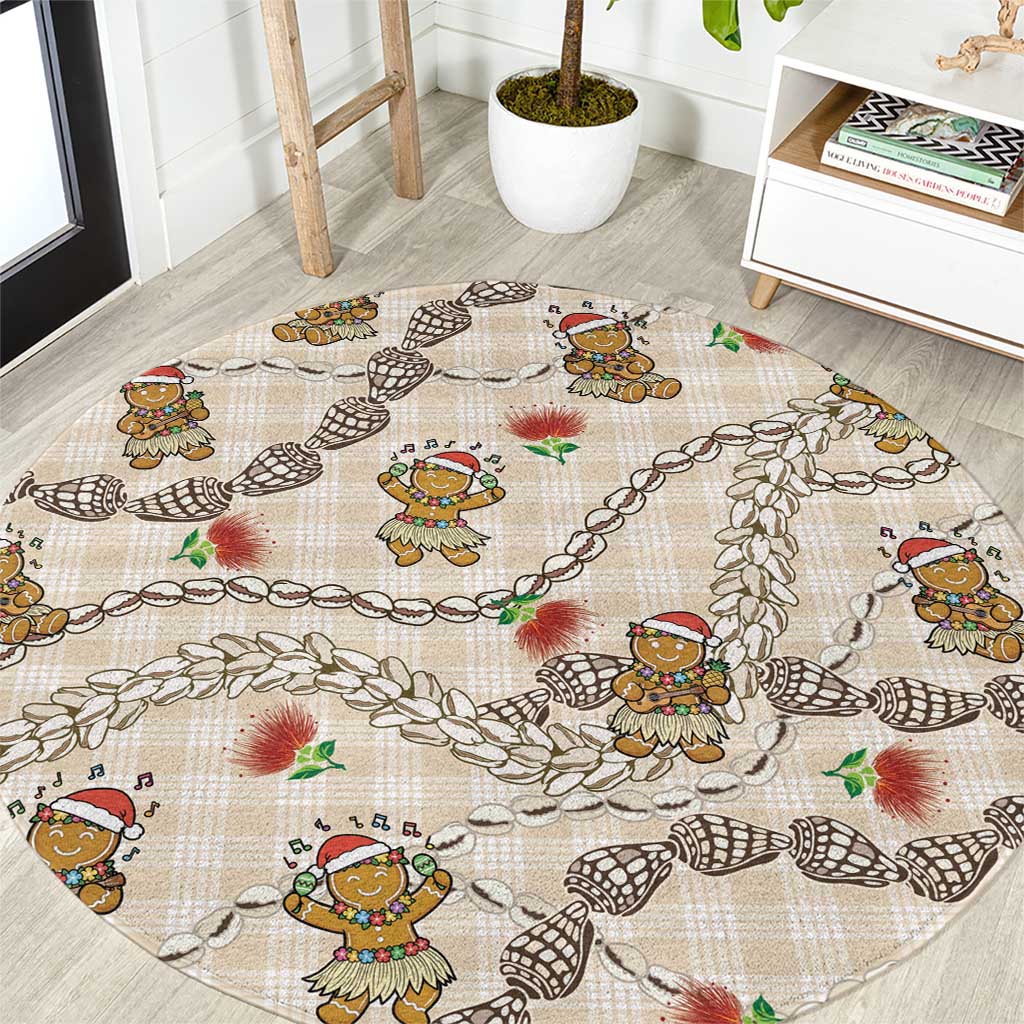 Beige Palaka Hawaii Mele Kalikimaka Round Carpet Ohia Lehua Shell Leis Funny Gingerbread Santa - Polynesian Pride
