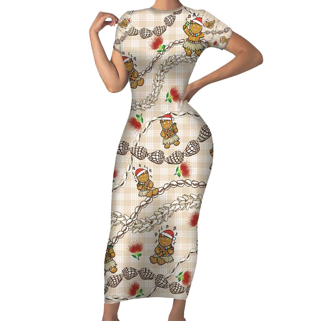 Beige Palaka Hawaii Mele Kalikimaka Short Sleeve Bodycon Dress Ohia Lehua Shell Leis Funny Gingerbread Santa - Polynesian Pride