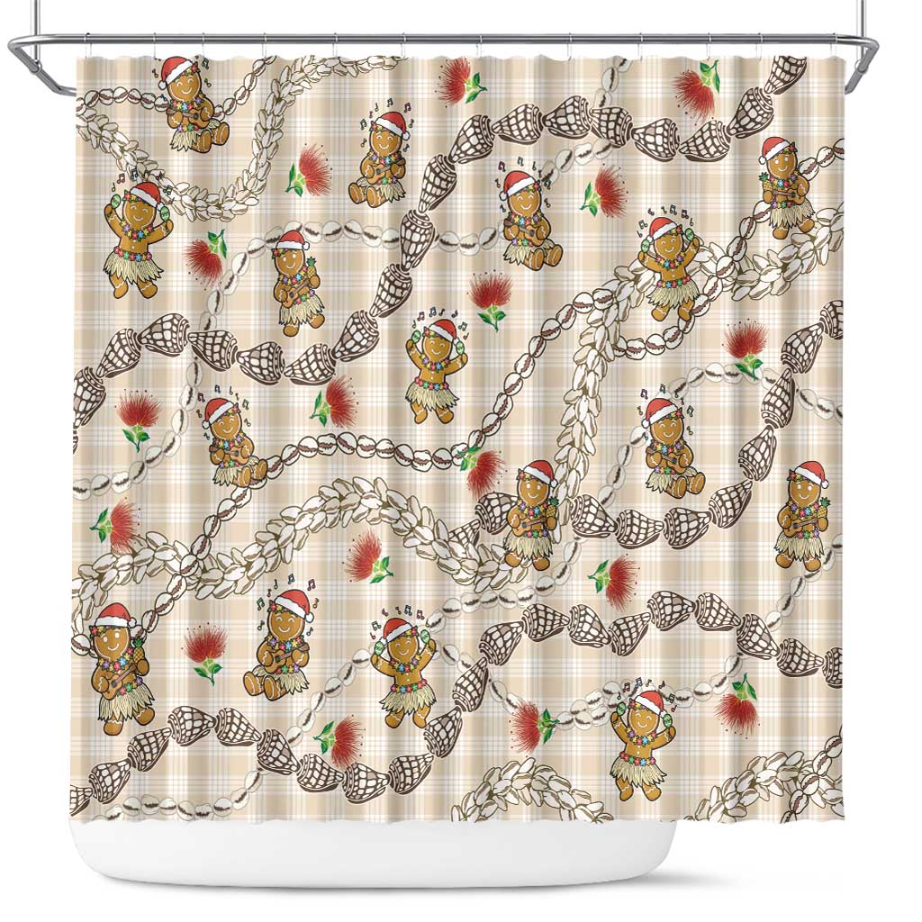 Beige Palaka Hawaii Mele Kalikimaka Shower Curtain Ohia Lehua Shell Leis Funny Gingerbread Santa - Polynesian Pride