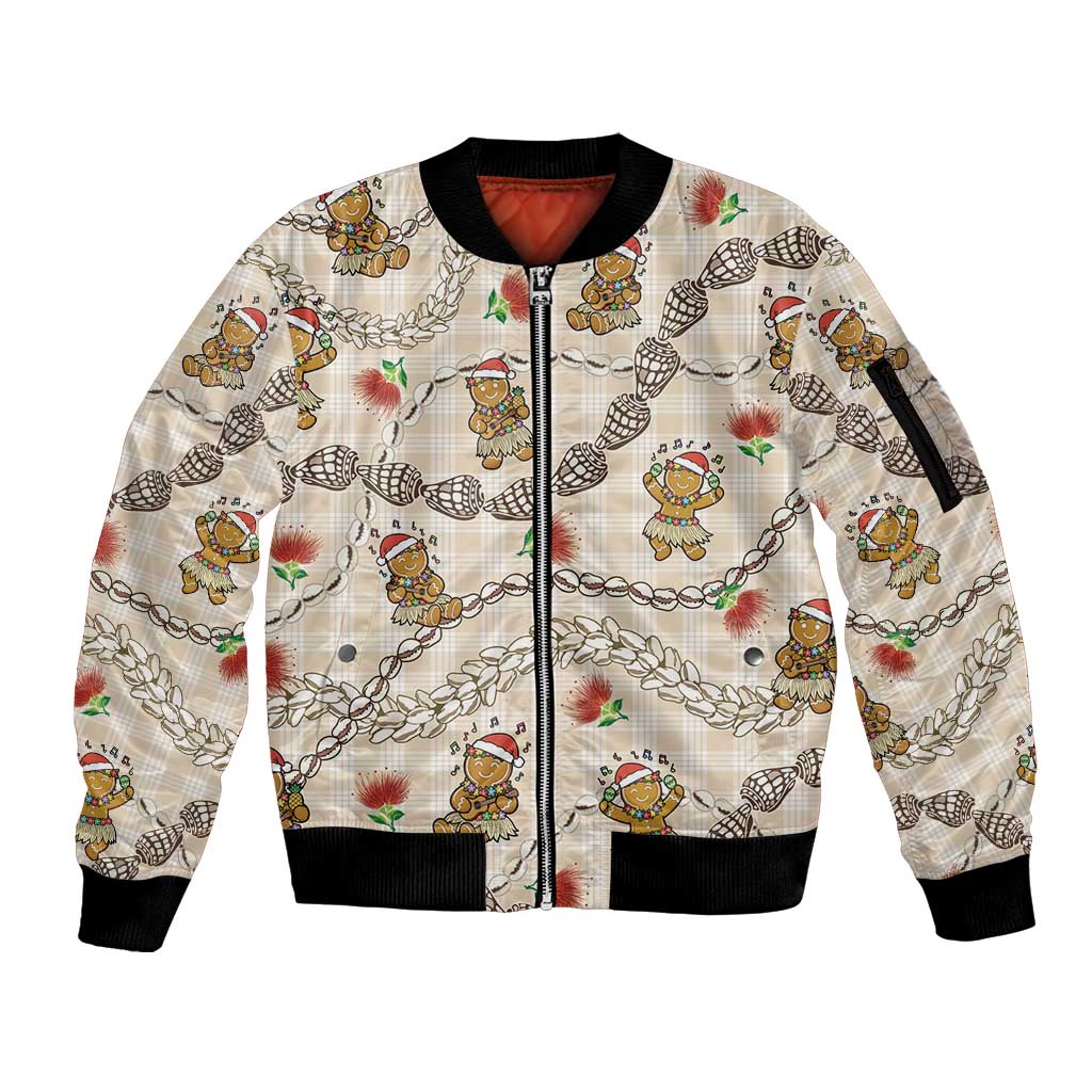 Beige Palaka Hawaii Mele Kalikimaka Sleeve Zip Bomber Jacket Ohia Lehua Shell Leis Funny Gingerbread Santa - Polynesian Pride