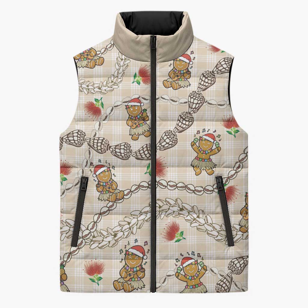 Beige Palaka Hawaii Mele Kalikimaka Sleeveless Puffer Jacket Ohia Lehua Shell Leis Funny Gingerbread Santa - Polynesian Pride