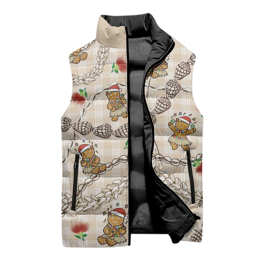 Beige Palaka Hawaii Mele Kalikimaka Sleeveless Puffer Jacket Ohia Lehua Shell Leis Funny Gingerbread Santa - Polynesian Pride
