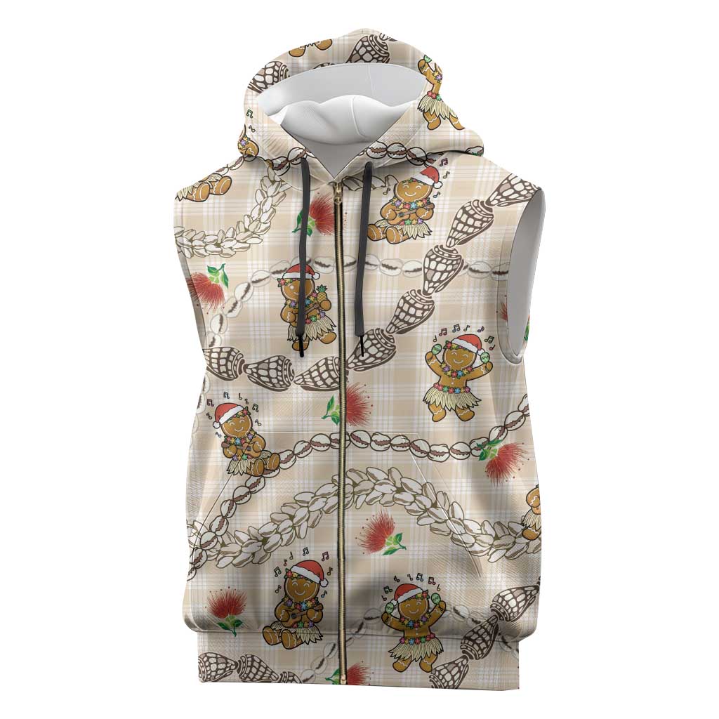 Beige Palaka Hawaii Mele Kalikimaka Sleeveless Zip Hoodie Ohia Lehua Shell Leis Funny Gingerbread Santa - Polynesian Pride