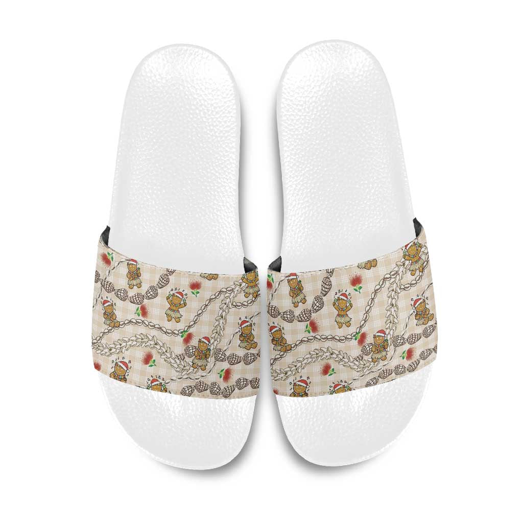 Beige Palaka Hawaii Mele Kalikimaka Slide Sandals Ohia Lehua Shell Leis Funny Gingerbread Santa - Polynesian Pride