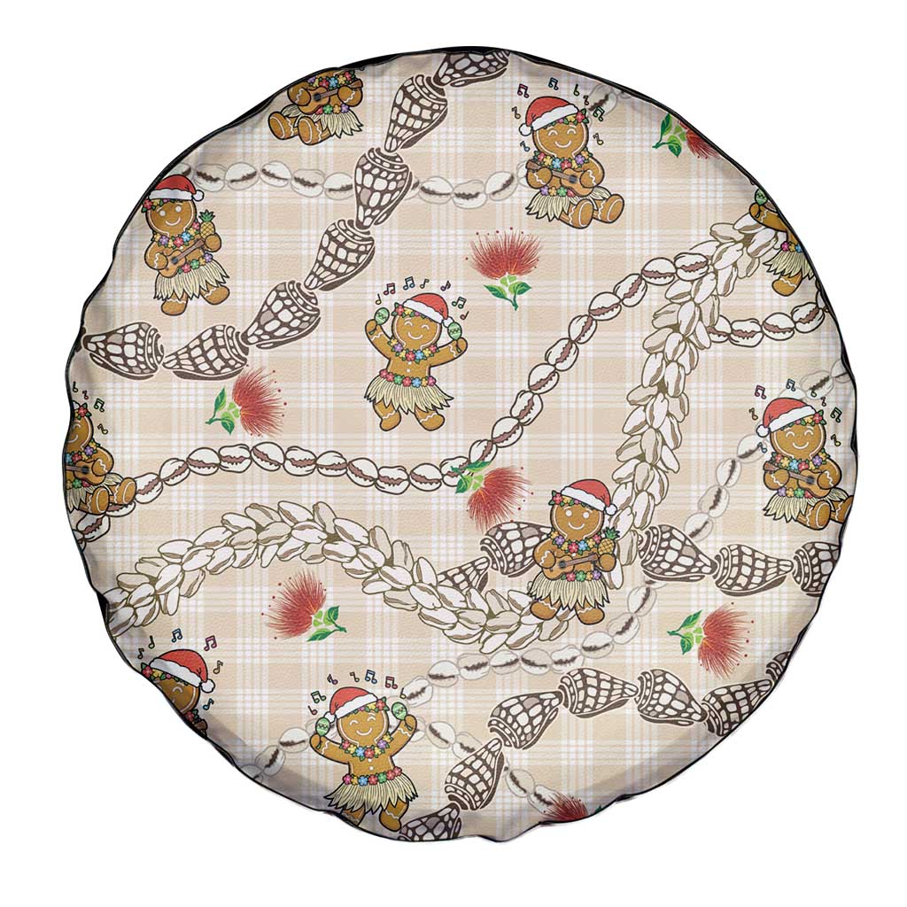 Beige Palaka Hawaii Mele Kalikimaka Spare Tire Cover Ohia Lehua Shell Leis Funny Gingerbread Santa - Polynesian Pride