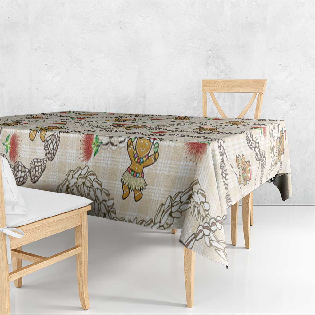 Beige Palaka Hawaii Mele Kalikimaka Tablecloth Ohia Lehua Shell Leis Funny Gingerbread Santa - Polynesian Pride