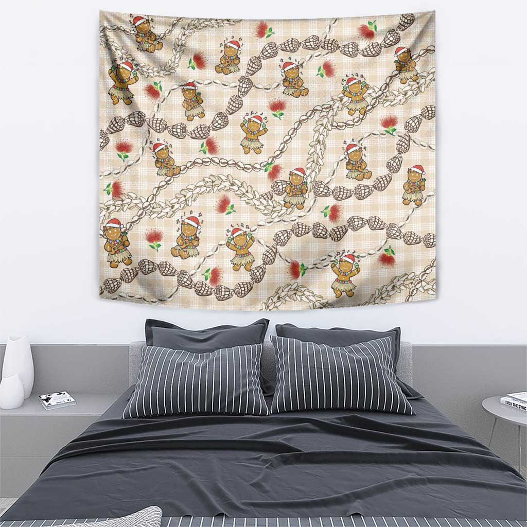 Beige Palaka Hawaii Mele Kalikimaka Tapestry Ohia Lehua Shell Leis Funny Gingerbread Santa - Polynesian Pride