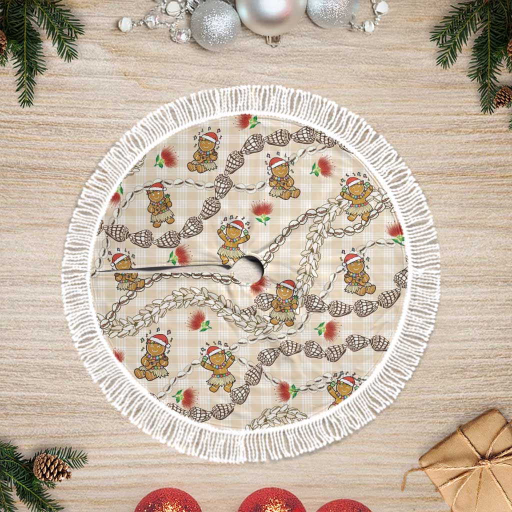 Beige Palaka Hawaii Mele Kalikimaka Tree Skirt Ohia Lehua Shell Leis Funny Gingerbread Santa - Polynesian Pride
