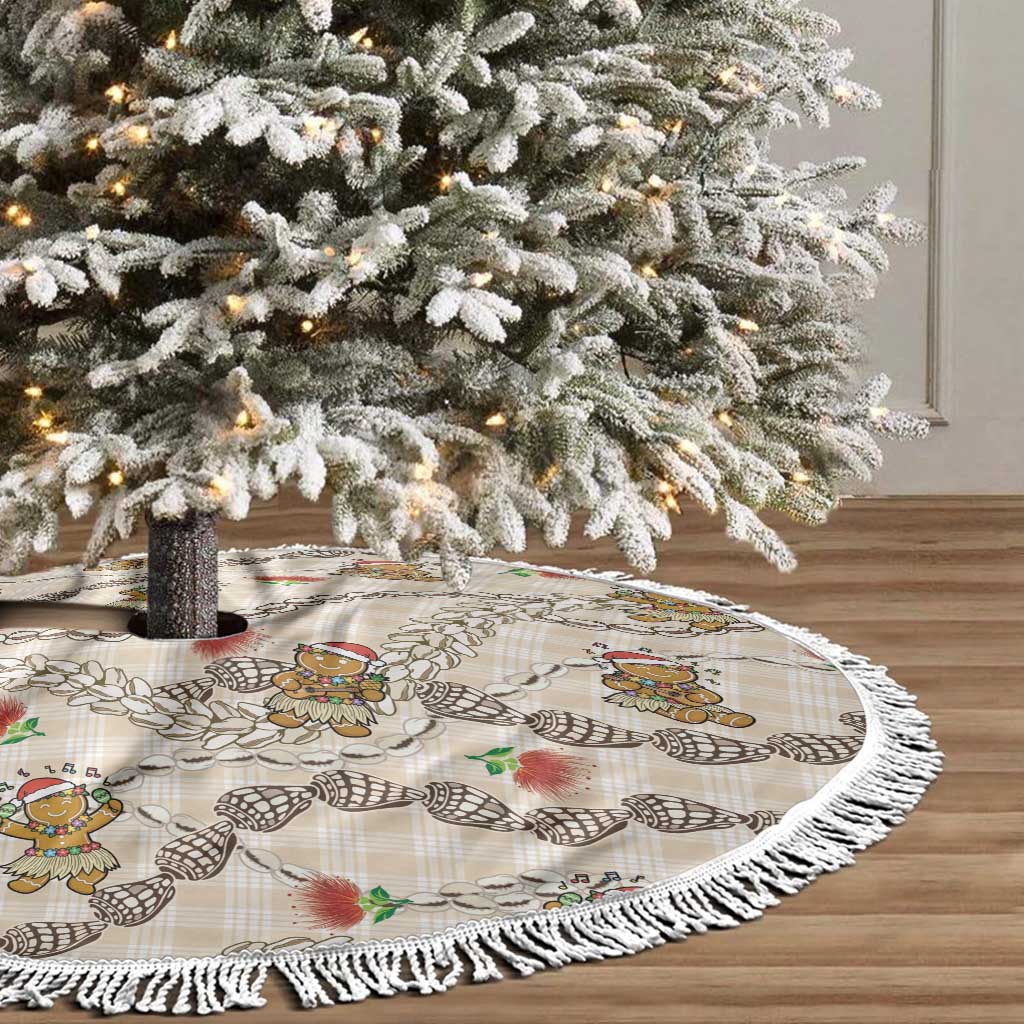 Beige Palaka Hawaii Mele Kalikimaka Tree Skirt Ohia Lehua Shell Leis Funny Gingerbread Santa - Polynesian Pride