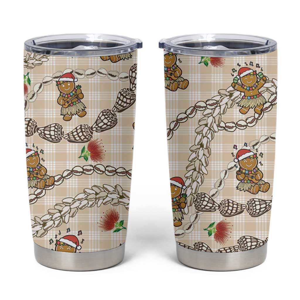 Beige Palaka Hawaii Mele Kalikimaka Tumbler Cup Ohia Lehua Shell Leis Funny Gingerbread Santa - Polynesian Pride
