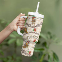 Beige Palaka Hawaii Mele Kalikimaka Tumbler With Handle Ohia Lehua Shell Leis Funny Gingerbread Santa - Polynesian Pride