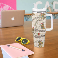 Beige Palaka Hawaii Mele Kalikimaka Tumbler With Handle Ohia Lehua Shell Leis Funny Gingerbread Santa - Polynesian Pride