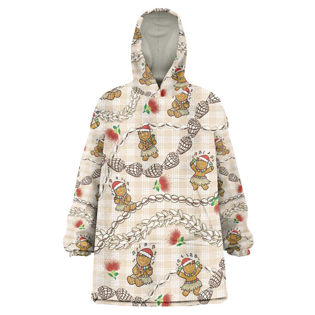 Beige Palaka Hawaii Mele Kalikimaka Wearable Blanket Hoodie Ohia Lehua Shell Leis Funny Gingerbread Santa - Polynesian Pride