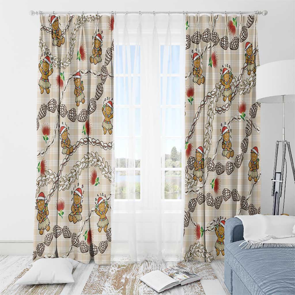 Beige Palaka Hawaii Mele Kalikimaka Window Curtain Ohia Lehua Shell Leis Funny Gingerbread Santa - Polynesian Pride