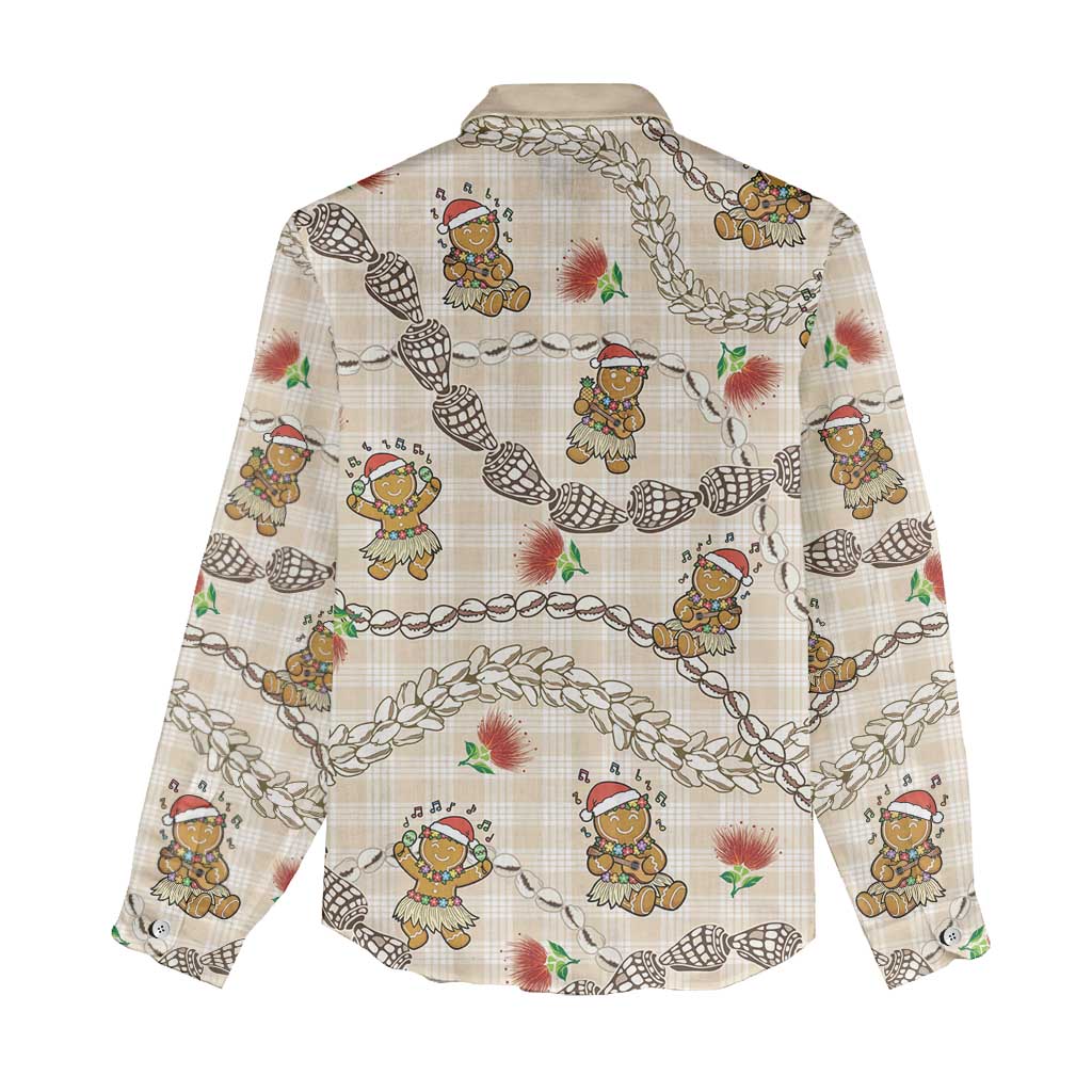Beige Palaka Hawaii Mele Kalikimaka Women Casual Shirt Ohia Lehua Shell Leis Funny Gingerbread Santa - Polynesian Pride