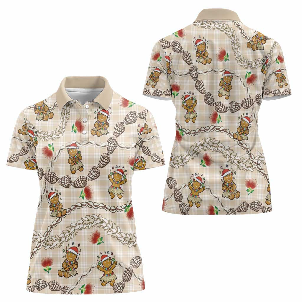 Beige Palaka Hawaii Mele Kalikimaka Women Polo Shirt Ohia Lehua Shell Leis Funny Gingerbread Santa - Polynesian Pride