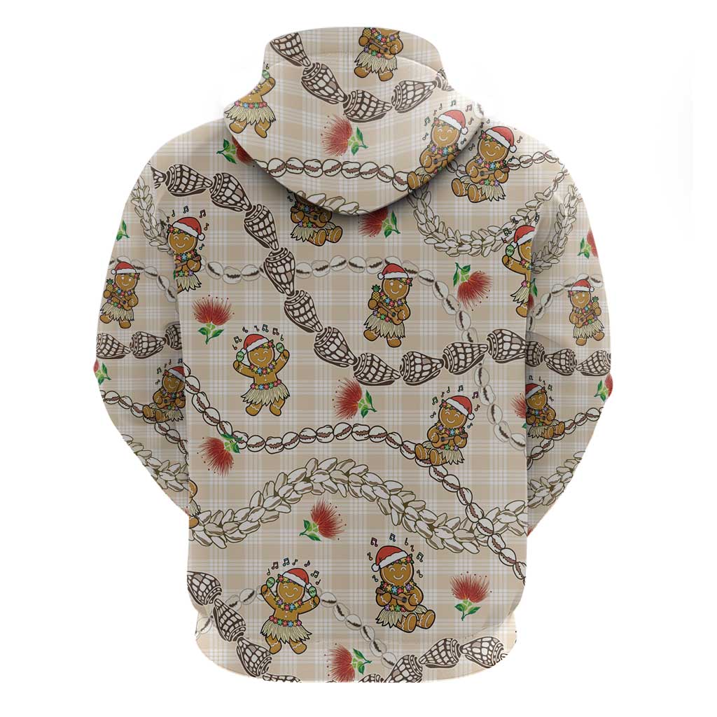 Beige Palaka Hawaii Mele Kalikimaka Zip Hoodie Ohia Lehua Shell Leis Funny Gingerbread Santa - Polynesian Pride