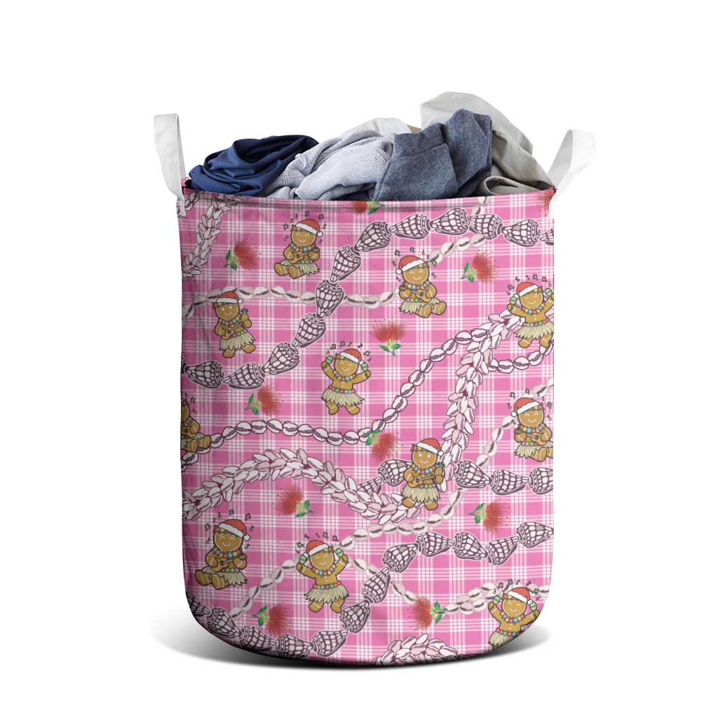 Pink Palaka Hawaii Mele Kalikimaka Laundry Basket Ohia Lehua Shell Leis Funny Gingerbread Santa - Polynesian Pride