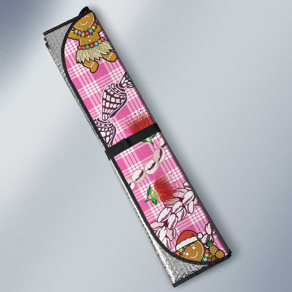 Pink Palaka Hawaii Mele Kalikimaka Auto Sun Shade Ohia Lehua Shell Leis Funny Gingerbread Santa - Polynesian Pride