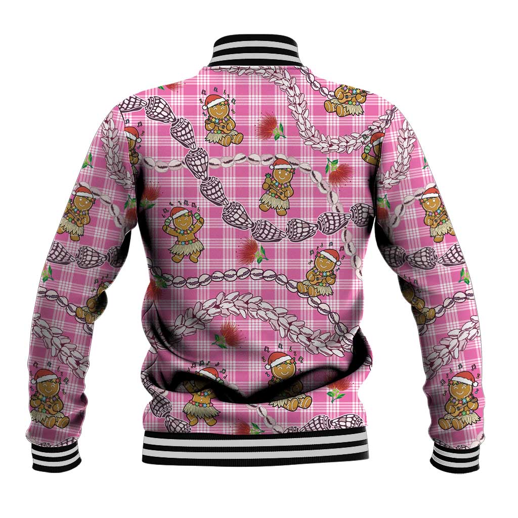 Pink Palaka Hawaii Mele Kalikimaka Baseball Jacket Ohia Lehua Shell Leis Funny Gingerbread Santa - Polynesian Pride