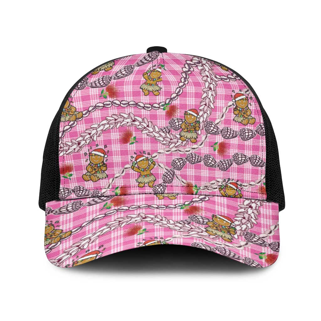 Pink Palaka Hawaii Mele Kalikimaka Baseball Net Cap Ohia Lehua Shell Leis Funny Gingerbread Santa - Polynesian Pride