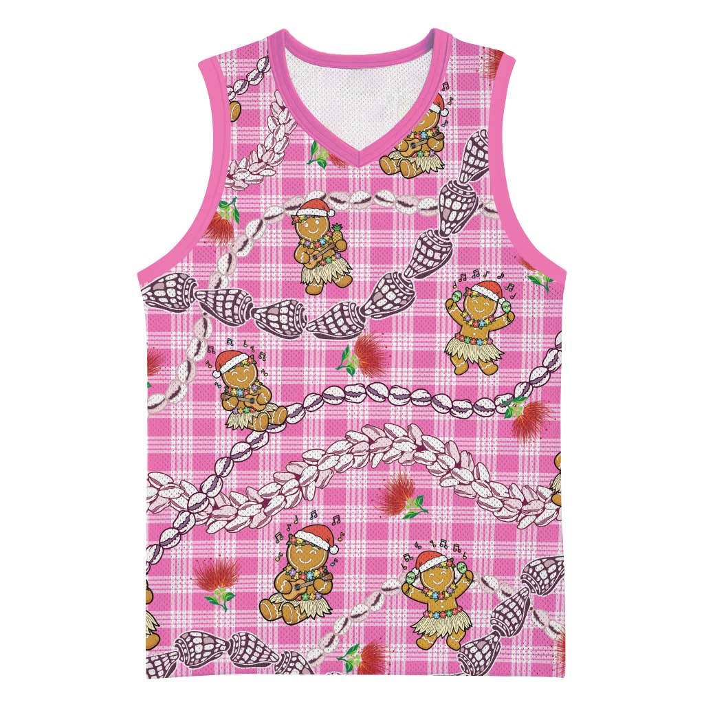 Pink Palaka Hawaii Mele Kalikimaka Basketball Jersey Ohia Lehua Shell Leis Funny Gingerbread Santa - Polynesian Pride
