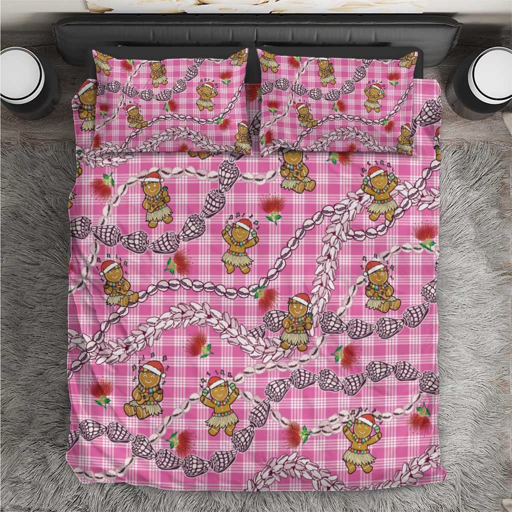 Pink Palaka Hawaii Mele Kalikimaka Bedding Set Ohia Lehua Shell Leis Funny Gingerbread Santa - Polynesian Pride