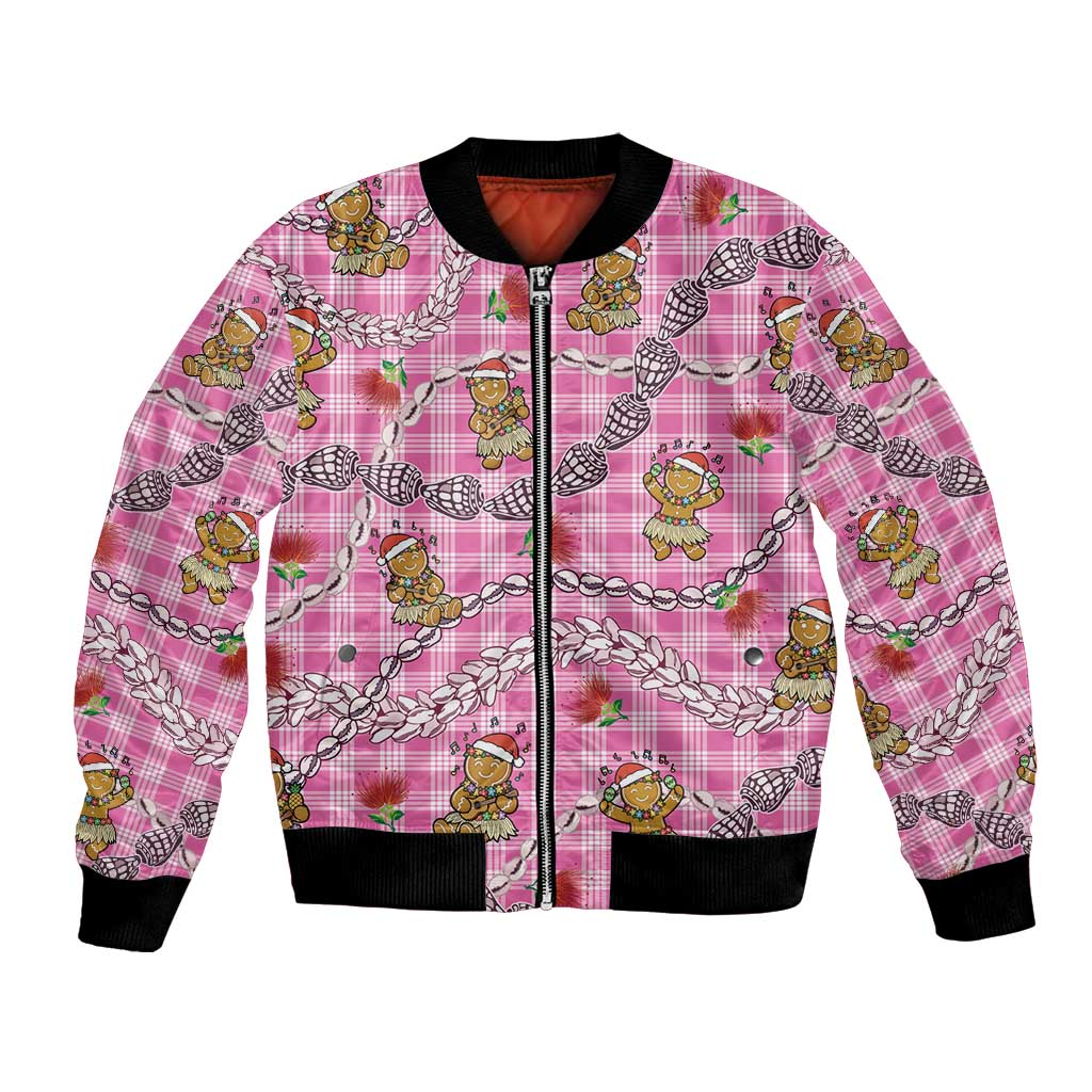 Pink Palaka Hawaii Mele Kalikimaka Bomber Jacket Ohia Lehua Shell Leis Funny Gingerbread Santa - Polynesian Pride