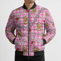 Pink Palaka Hawaii Mele Kalikimaka Bomber Puffer Jacket Ohia Lehua Shell Leis Funny Gingerbread Santa - Polynesian Pride