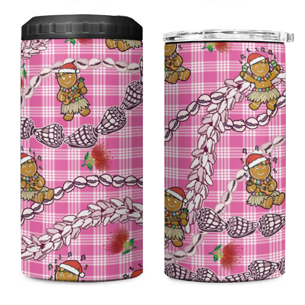 Pink Palaka Hawaii Mele Kalikimaka 4 in 1 Can Cooler Tumbler Ohia Lehua Shell Leis Funny Gingerbread Santa - Polynesian Pride